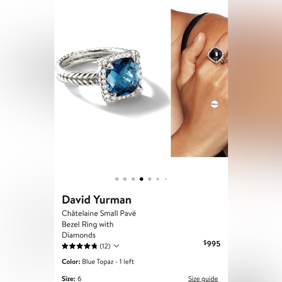 David Yurman Chataine Small Pave Bezel Ring with Diamonds size 6, blue topaz - Picture 9 of 11